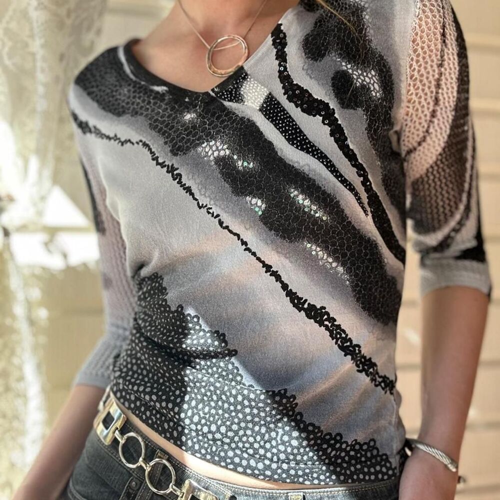Vintage NYGARD Mesh Knit Top Abstract Black White Bling Y2K Whimsygoth M L